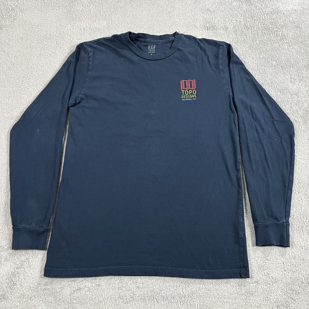 Topo Designs Shirt Mens Small Blue Long Sleeve Tee Colorado USA Casual